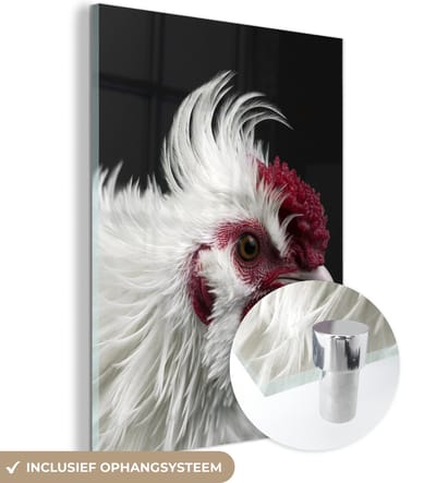 MuchoWow® Glasschilderij 120x160 cm - Schilderij acrylglas - Kip - Vogel - Zwart - Foto op glas - Schilderijen