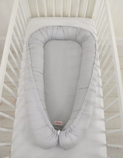 Babynest dubbelzijdig Premium Cocoon voor baby's BOBONO - witte stippen op grijs/grijs