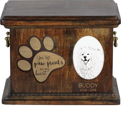 Persoonlijke urn voor Samoyed-hond met foto en asbewaring