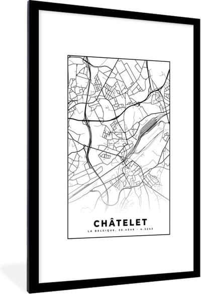 Fotolijst incl. Poster Zwart Wit- Zwart Wit – België – Plattegrond – Stadskaart – Kaart – Châtelet - 80x120 cm - Posterlijst