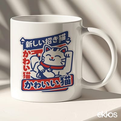 Ekkos Maneki Neko Koffiemok- Gelukskat Japan - Wit Keramiek - 325ml - Cadeau voor Kattenliefhebbers - Japanse Kunst - Kado Tip - Geluk