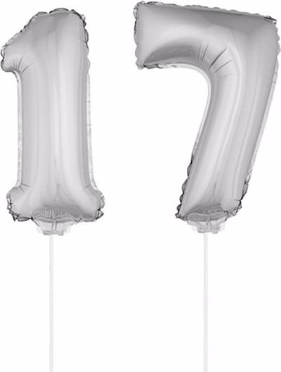 17 jaar leeftijd feestartikelen - versiering cijfers - ballonnen op stokje - van 41 cm - Combi van cijfer 17 - in het zilver