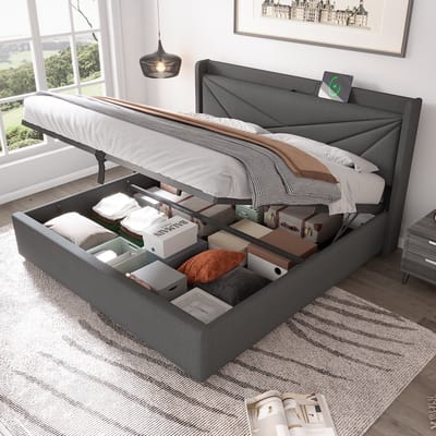 Polsterbed 140x200 - Opbergbox onder bed - Oplaadfunctie met USB Type C in hoofdsteun - Bed van ledermateriaal
