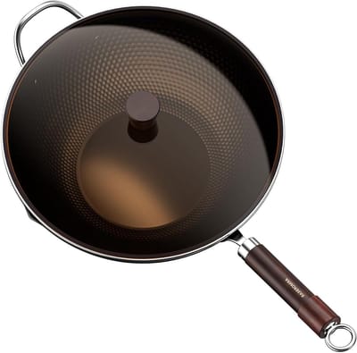 Wokpan Koolstofstaal - Roerbakpan Plat - Snel Koken - Voorgebrand Natuurlijk - 34 cm - Zwart