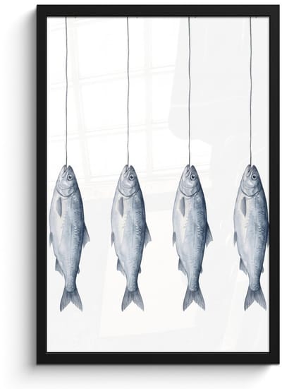 Poster in lijst - Fotolijst 40x60 cm - Posters - Vissen - Illustratie - Delfts - Blauw - Posterlijst zwart - Decoratie - Wanddecoratie woonkamer - Muurdecoratie slaapkamer