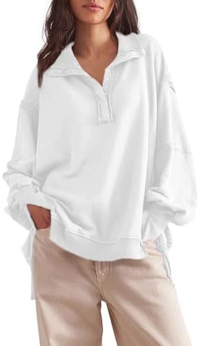 Dames Oversized Sweatshirt Casual Henley Trui met Knopen Hoog-Laag | Trendy Herfst Winter Mode