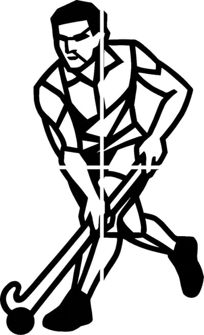 Hockey man geometrische line-art wanddecoratie – sport wandbord – groot 76×45,8 cm – 4-delig – populierenhout zwart