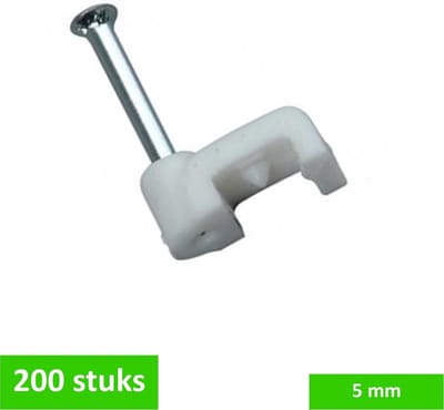 TQ4U kabelclip / spijkerclip plat - Voor kabel tot 5 mm breed - Kunststof - Stalen nagel 16 mm - Wit - 200 stuks