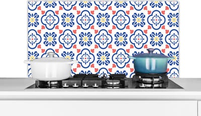 Spatscherm keuken 100x50 cm - Kookplaat achterwand Bloem - Blauw - Rood - Patroon - Muurbeschermer - Spatwand fornuis - Hoogwaardig aluminium