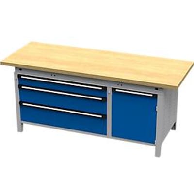 Otto Kind brede werkbank type 435, multiplexplaat van beukenhout, met overhang, tot 1400 kg, B 2004 x D 750 x H 850 mm, staal, centrale vergrendeling, blank aluminium/geniaanblauw