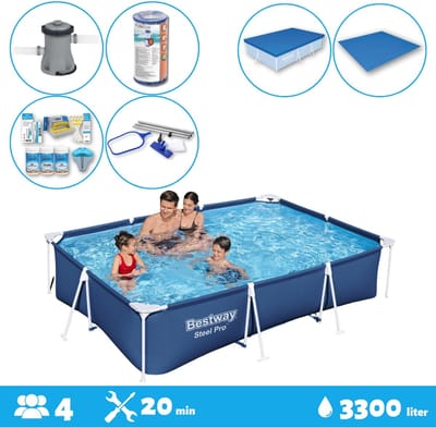Bestway Voordeelverpakking - Rechthoekig Steel Pro Zwembad - 300 x 201 x 66 cm - Blauw - Inclusief Accessoires - Voor een heel seizoen