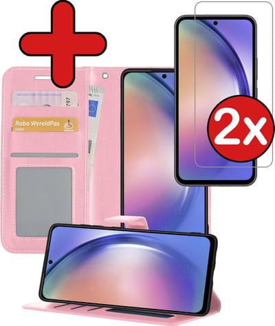 Hoesje - Met 2x Screenprotector - Geschikt voor Samsung Galaxy A54 - Luxe Pasjeshouder - Flip Case - Bookcase Portemonee - Kunstleer Book Case - Flipcase Hoes - Book Cover - Walletcase - Portemonneehoes - Telefoonhoes - Lichtroze