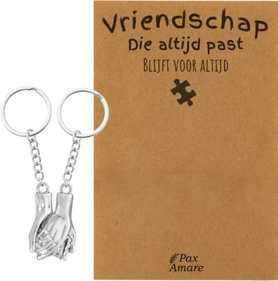 BFF Sleutelhanger voor 2 'Vriendschap die altijd past' - Handjes Vasthouden - Sleutelhanger set op Cadeau Kaartje - Zilverkleurig - Vriendschap Symbool - Pax Amare