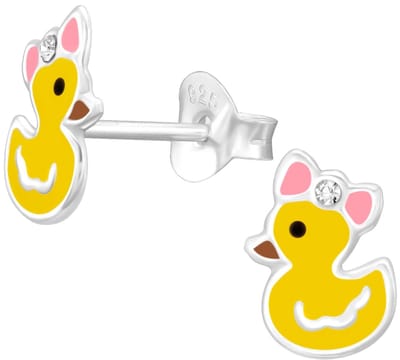 Joy|S - Zilveren eendje oorbellen - 6 x 8 mm - geel met roze strikje - kristal - kinderoorbellen
