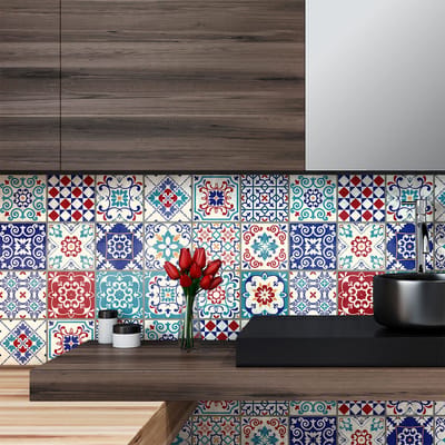 Zelfklevende tegelmuurstickers voor keuken en badkamer - 24 cementtegelstickers, Azulejos Lucilio - 24 stickers, 10x10cm