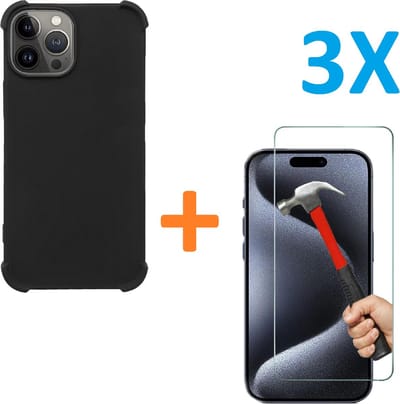 Shock-proof silicone hoesje met 3 Pack Tempered glas Screen Protector - zwart - Geschikt voor: iPhone 15 Pro