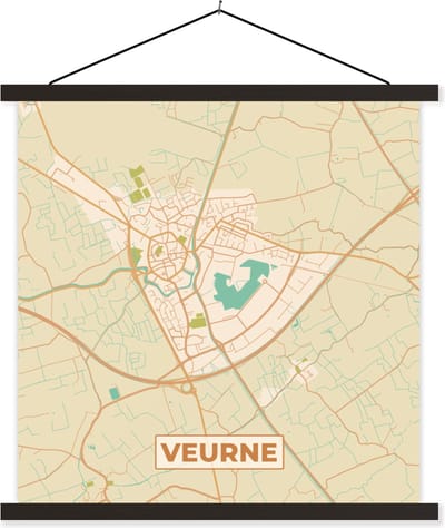Posterhanger incl. Poster 60x60 cm - Schoolplaat - Plattegrond - Kaart - Stadskaart - België - Veurne - Textielposter - Zwarte latten - Stadskaart