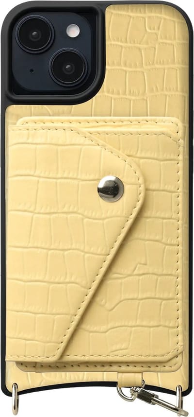 AVY Leren Hoesje Geschikt voor Apple iPhone 15 | Met Magnetische Kaarthouder | Compatibel met MagSafe | Leather Case met Wallet | Croco Geel