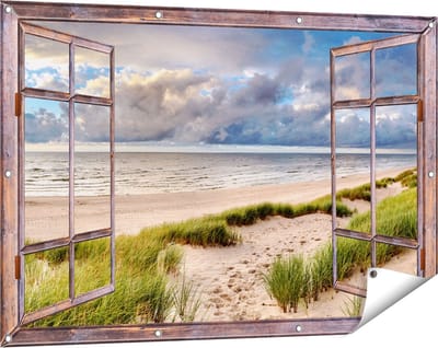 Gards Tuinposter Doorkijk Strand en Duinen met Bewolking - 120x80 cm - Tuindoek - Tuindecoratie - Wanddecoratie buiten - Tuinschilderij