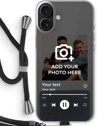 Gepersonaliseerd - Case Company® - Hoesje met koord geschikt voor iPhone 16 Plus hoesje met Koord - Music Player - Telefoonhoesje met Zwart Koord - Bescherming aan alle Kanten en Over de Schermrand