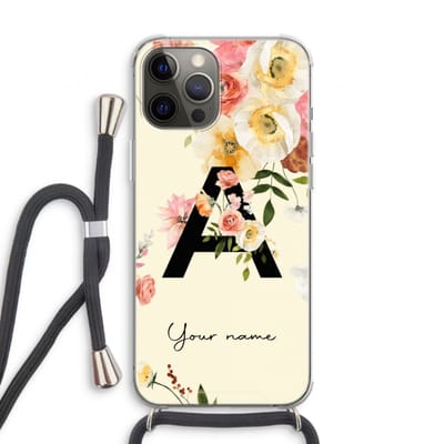 Gepersonaliseerd - Case Company® - Hoesje met koord geschikt voor iPhone 12 Pro hoesje met Koord - Flirty Flowers Monogram - Telefoonhoesje met Zwart Koord - Extra Bescherming aan alle Kanten en Over de Schermrand