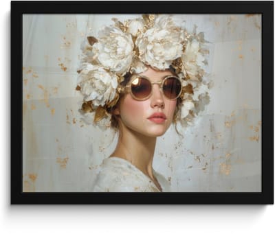 Poster in lijst - Fotolijst 40x30 cm - Posters - Schilderij - Vrouw - Zonnebril - Bloemenkrans - Posterlijst zwart - Decoratie - Wanddecoratie woonkamer - Muurdecoratie slaapkamer