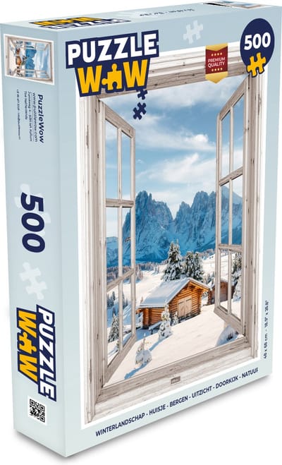 Puzzel Winterlandschap - Huisje - Bergen - Uitzicht - Doorkijk - Natuur - Legpuzzel - Puzzel 500 stukjes