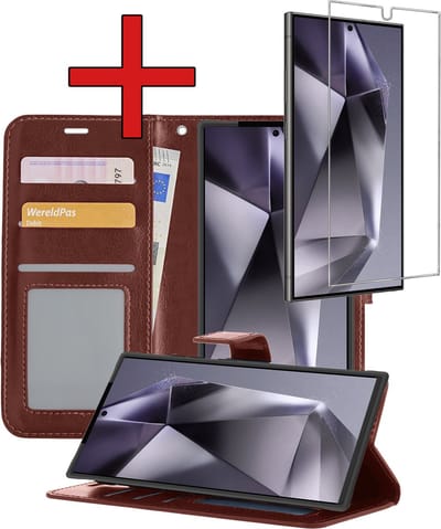 Hoesje - Met Screenprotector - Geschikt voor Samsung Galaxy S24 Ultra - Luxe Pasjeshouder - Flipcase - Bookcase Portemonee - Flip Case - Kunstleer Book Case - Book Cover - Walletcase - Portemonneehoes - Telefoonhoes - Bruin