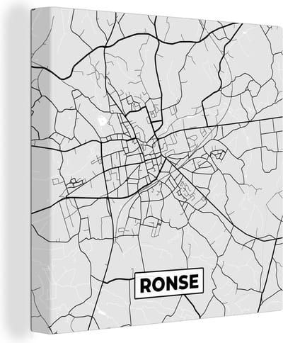 Canvas Schilderij Zwart Wit – België – Plattegrond – Stadskaart – Kaart – Ronse - 20x20 cm - Wanddecoratie
