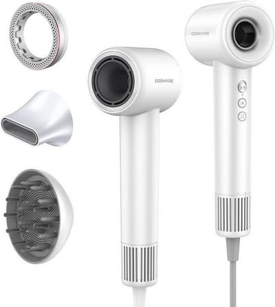Coshare Föhn met Diffuser- HD10E Pro White -lonische Haardroger met Borstel- Reisföhn- 3 Opzetstukken-Lichtgewicht-1200W-Met geurring