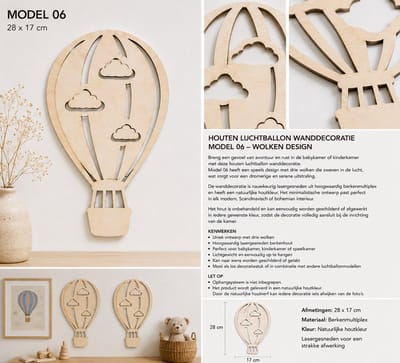 Houten Luchtballon Wanddecoratie Model 06 – Maan & Sterren Design – 28 × 18 cm – Laser Gesneden Berkenmultiplex – Kinderkamer Decoratie