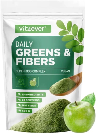 Vit4ever - Daily Greens & Fibers - 600 g - Smaak Groene Appel - Complete mix van superfoods & vezels (spirulina, gerstengras, moringa, baobab, psyllium) - Frisse smaken Green Apple & Lemon - Veganistisch