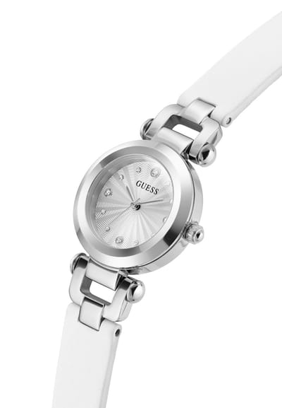 Guess Ginger Quartz Analoog Horloge Wit Kast Gemaakt Van 100% Roestvrij Staal En Een Armband Van 100% Echt Leer 30 GW1020L1, GW1020L2, GW1021L2