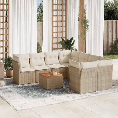 vidaXL - 9-delige - Loungeset - met - kussens - poly - rattan - beige