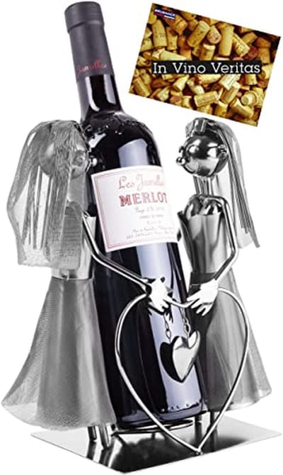 Huwelijks Cadeau Wijnfleshouder Stel Vrouw + Vrouw - Decoratief Metaal met Hart en Groetkaart