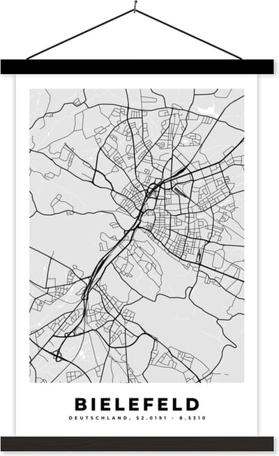 Posterhanger incl. Poster 40x60 cm - Schoolplaat - Duitsland - Plattegrond - Kaart - Bielefeld - Stadskaart - Textielposter - Zwarte latten - Stadskaart