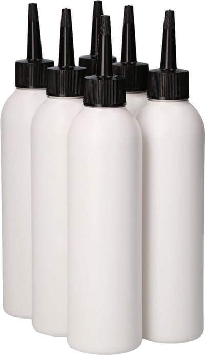 6 x 250 ml ronde fles HDPE wit + Tuitdop Zwart- BPA Vrij - Niet Breekbaar - Plastic Flesjes Navulbaar - Met Dop - Lege Flessen - 6 stuks