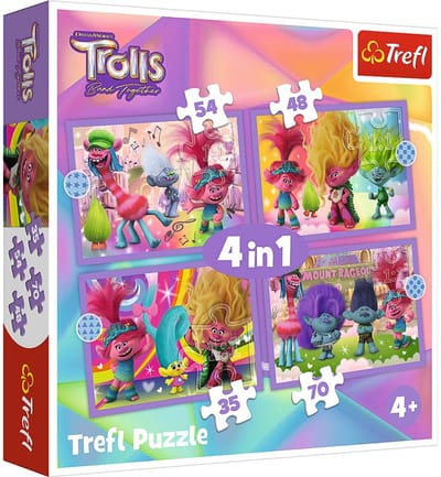 Trefl puzzel 4in1 - kleurrijke Trolls avontuur Universal Trolls 3 karton.