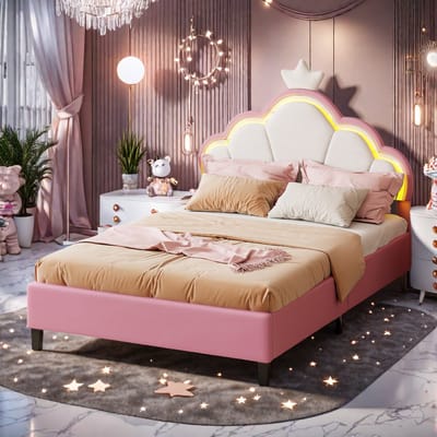 Modern gestoffeerd bed, LED-prinsessenbed, hoofdbord in de vorm van een bloem met kroondecoratie, 90x200cm Eenpersoonsbed, zonder matras
