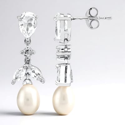 Cavill - Elegante Oorbellen 925 Sterling Zilver - Rhodium Plating - 2,22 ct Witte Topaas - 8x6 mm Druppelvormige Witte Zoetwaterparels - Luxe Sieraden