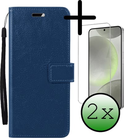 Hoesje Met 2x Screenprotector - Geschikt voor Samsung Galaxy S24 - Luxe Pasjeshouder - Bookcase Portemonee - Flip Case - Kunstleer Book Case - Flipcase Hoes - Book Cover - Walletcase - Portemonneehoes - Donkerblauw
