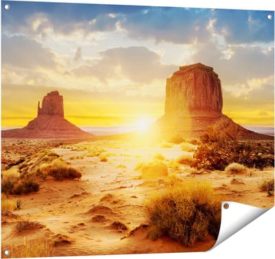 Gards Tuinposter Zonsondergang in Woestijn Monument Valley - 100x80 cm - Tuindoek - Tuindecoratie - Wanddecoratie buiten - Tuinschilderij