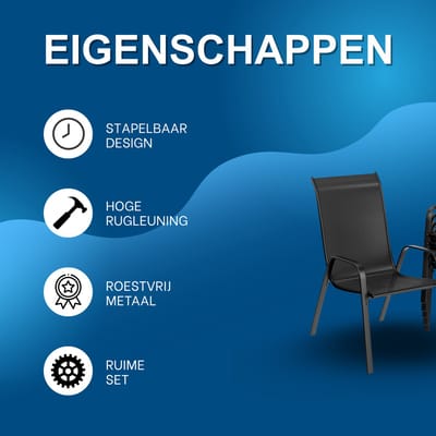 Terrasstoelen – Voor buiten & eetkamer – Stapelbaar, hoge rugleuning, weerbestendig – Zwart