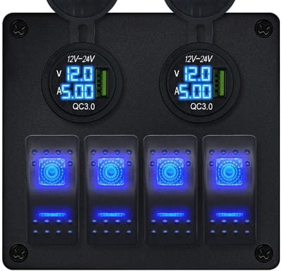 ProRide Schakelpaneel 12V voor Auto/Boot - USB Stopcontact met Voltmeter/Ampèremeter - QC3.0 - 4 schakelaars