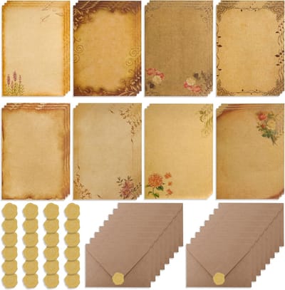Vintage Briefpapier Set met 16 Enveloppen, 24 Vellen en 24 Stickers voor Verjaardagen, Trouwen en Kaarten