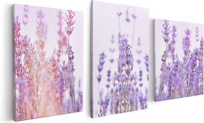 Artaza Canvas Schilderij Drieluik Paarse Lavendel Bloemen - 120x60 cm - Wanddecoratie Woonkamer - Schilderijen - Muurdecoratie