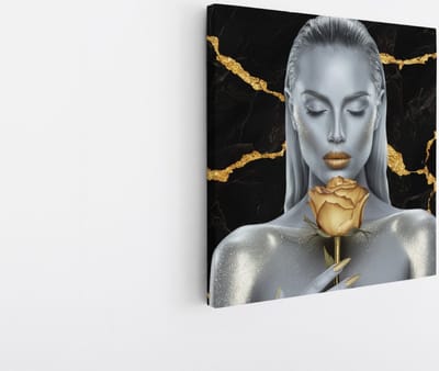 Saammp Canvas Schilderij - Abstract - goude Roos - Vrouw - Zwart - 20x20 - Foto op canvas - Wanddecoratie - Muurdecoratie Woonkamer - Slaapkamer decoratie - Canvas Print