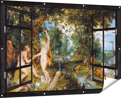 Gards Tuinposter Doorkijk Het Aardse Paradijs met de Zondeval van Adam en Eva - Jan Brueghel - 150x100 cm - Tuindoek - Tuindecoratie - Wanddecoratie buiten - Tuinschilderij