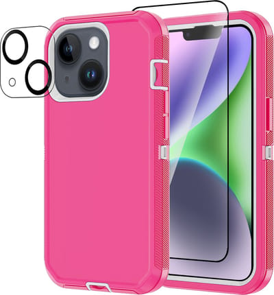 Stravo Heavy Duty iPhone 14 case met Screen Protector en Lens Protector - Roze - Dustproof shockproof telefoonhoes cover bestaande uit 3 lagen inclusief schermbeschermer en lensbeschermer - Geschikt voor Apple iPhone 14