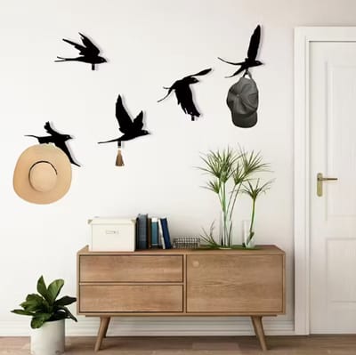 5 stuks Metalen Vogel Wandhaakjes - Vliegende Vogelsilhouet in Zwart, Stevige IJzeren Kapstokken voor Hal, Woonkamer, Trouwfeest - Moderne Huisdecoratie & Housewarming, Verjaardags- en Kerstcadeaus voor Vogelliefhebbers (Eenvoudig te Installeren), Vo
